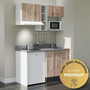 Cuisibane - Kitchenette K13L - 140 cm - emplacements frigo, hotte et micro-ondes-Bois-Cromo-évier à droite