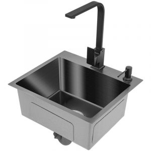 Evier en acier inoxydable avec robinet noir, 40 x 45 cm, &eacute;vier de cuisine encastr&eacute;, &eacute;vier en granit pour meuble bas de 45 cm, avec robinet de cuisine