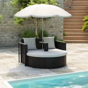 Canap&eacute; de jardin, canap&eacute; d'ext&eacute;rieur, banquette de jardin avec parasol noir r&eacute;sine tress&eacute;e togp57877 DESIGN IN