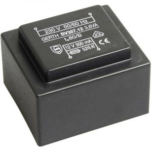 PTG381202 Transformateur pour circuits imprimés 1 x 230 v 2 x 6 v/ac 3.60 va 300 mA - Gerth