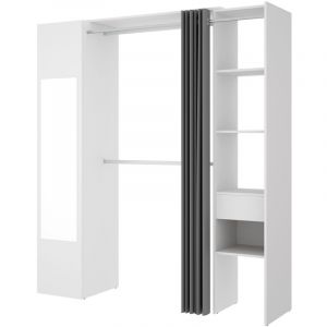 Armoire dressing avec 1 colonne + miroir + rideau coloris blanc - Longueur 177 x Profondeur 52 x Hauteur 205 cm