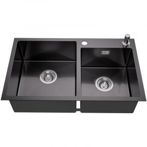 Vier 2 Bacs 75x45x19CM Évier à Encastrer en Inox avec Distributeur de savon et Ensemble de Drainage, Évier Cuisine Noir pour meuble de 80cm - Auralum