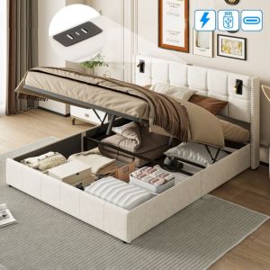 Lit coffre 140x190 cm, 2 places, avec 2 led lampes cylindrique, rangement, usb-a/c charge, sommier à lattes en bois, cadre en métal, lit capitonné en