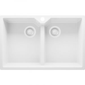 Primagran - Evier Cuisine en Granit 78x50cm, Lavabo 2 bacs + Kit de Vidage, Évier à Encastrer au meuble 80cm - Madrid Twin, Tout Blanc