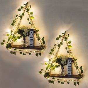 Lot de 2 &eacute;tag&egrave;res Suspendues en Macram&eacute; Lierre Artificiel Bande LED &eacute;tag&egrave;re Flottante Bois Murale Deco Macrame Mural Etagere Murale Enfant Etagere