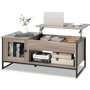 Table Basse Relevable avec 1 Compartiment Ouvert et Placard à 2 Portes, Table Basse Transformable avec Cadre en Métal pour Salon Bureau Chambre,