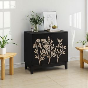 Hauss Spole - Buffet de cuisine 2 portes, meuble &agrave; chaussures d'entr&eacute;e/salon, &eacute;tag&egrave;res r&eacute;glables - design sculpt&eacute;, mdf, 80&times;38&times;76cm, noir