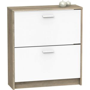 Meuble &agrave; chaussures de 2 portes, 12 paires coloris Blanc/Ch&ecirc;ne cambrien - Longueur 74 x Profondeur 25 x Hauteur 82 cm