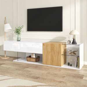 Meuble TV 180 cm Blanc Laqu&eacute; avec Finition Bois et &Eacute;tag&egrave;res en Verre, Banc T&eacute;l&eacute; Bas de Salon, Style Moderne avec Rangement &ndash; Blanc et Bois