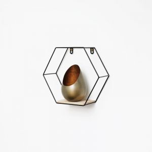 Vivol - Etag&egrave;re murale hexagonale en m&eacute;tal avec 1 tablette en bois - 25x28,5 cm - Noir