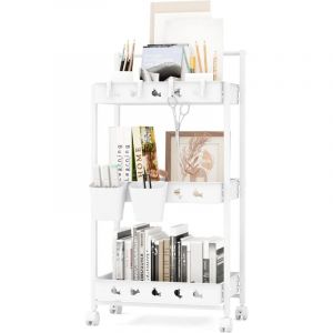 Costway - Chariot de Rangement &agrave; roulettes en Plastique &agrave; 3 Niveaux, Chariot Mobile avec Poign&eacute;e de Suspension, 2 Pots, 4 Crochets, Roues