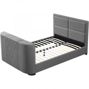 Sampur &ndash; Lit Palace TV 140x190 cm &ndash; Tissu gris clair &ndash; Meuble TV escamotable motoris&eacute; &ndash; Sommier &agrave; lattes flexibles &ndash; Compatible tous matelas