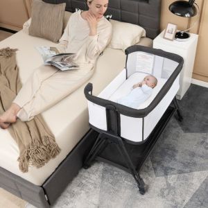 Design In - Lit de Chevet pour B&eacute;b&eacute; Berceau Lit Pliant Portable Berceau R&eacute;glable avec Rangement Noir CW12755