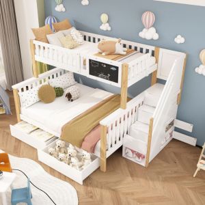 Lit superposé enfants 90x200+140x200 cm, lit 2 place en bois, lit multifonctionnel, tableau et tiroirs, blanc+naturelle (sans matelas)