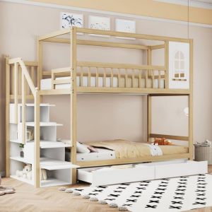 Lit superposé, lit enfant 90x200cm, lit cabane, 2 tiroirs, rangements dans escalier, sans matelas, naturel+blanc