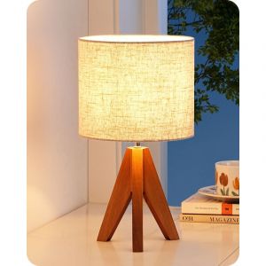 EDISHINE Lampe de chevet en bois, lampe de table avec abat-jour en lin, ampoule LED E27 incluse 36 x 20 x 20 cm, tr&eacute;pied base orange