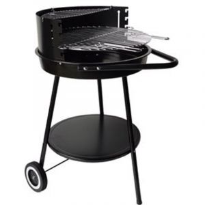 Barbecue rond au charbon de bois avec roulettes et hauteur r&eacute;glable, en acier &eacute;maill&eacute; avec une grille en acier inoxydable.