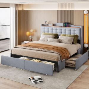Tanant - Lit 160x200cm avec tiroir - Recharge usb, lit double avec 4 tiroirs, sommier à lattes, lin, lit adulte design moderne - Gris