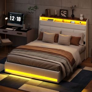Lit coffre 160x200 cm, lit double avec rangement, lit 160 x 200 cm avec sommier LED, lit capitonn&eacute; cadre de lits avec &agrave; lattes, PU, sans matelas,