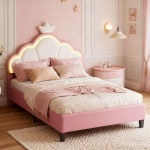 POCKETPOP- Lit enfant, Lit de couronne, Lit simple, sommier &agrave; lattes, led, Blanc et rose (190x90cm), sans matelas,STRUCTURE DE LIT