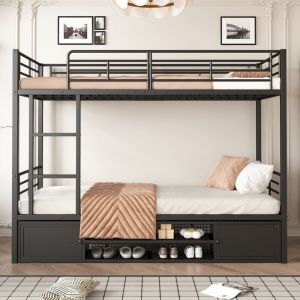 Lit superposé en métal 90x200 cm, avec étagère à chaussures, armoire de rangement, escalier, sommier à lattes, clôture de sécurité, lit princesse