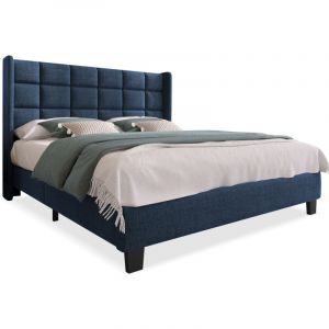 Lit Rembourr&eacute; 140x200 Cm Avec Structure En Bois Et T&ecirc;te De Lit Capitonn&eacute;e En Lin Bleu