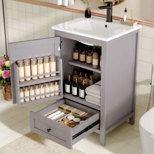 Tanant - Meuble sous vasque simple, avec tiroirs et portes de rangement, étagère réglable, vasque en céramique, Meuble de salle de bain, 51 x 46 x 85