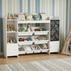 Biblioth&egrave;que Enfant 137x30x94.5cm, &Eacute;tag&egrave;re de Rangement avec 8 Bacs Amovibles et Ardoise, Meuble de Rangement Enfant, Meuble &agrave; Jouets en Bois, Style