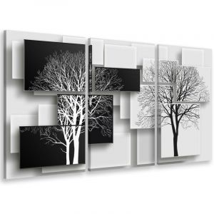Hxadeco - Tableau triptyque graphique arbres sur fonds noir et blanc - 90x60 cm