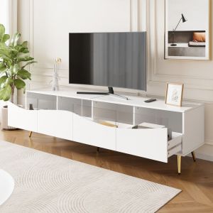 Meuble TV moderne 180 x 40 x 50 cm avec &eacute;clairage LED, structure blanche, pieds en m&eacute;tal dor&eacute;, fa&ccedil;ade en verre et espace de rangement &ndash; ​​meuble bas