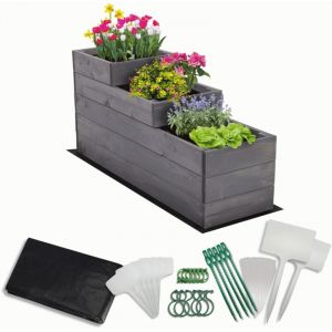 MODO24 Carr&eacute; potager sur&eacute;lev&eacute; en bois, 3 niveaux en cascade, 45x30x93 cm, jardin/terrasse, kit jardinier inclus, gris impr&eacute;gn&eacute;