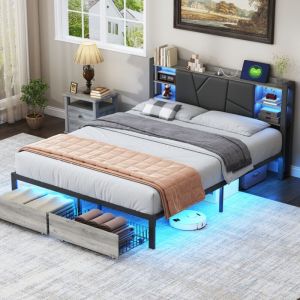 Sureh - Lit 180x200 cm avec tiroirs,lit 2 Personnes avec rangement,lumières LED,chargement USB,cadre de lit en métal avec sommier à lattes,lit