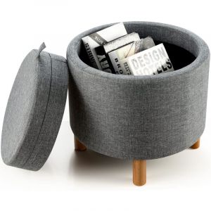 Costway - Pouf Rangement Rond, Pouf Coffre avec Plateau, Repose-Pied Salon, Tissu pe, Pieds en Bois, Patins Antid&eacute;rapants, Tabouret Rangement