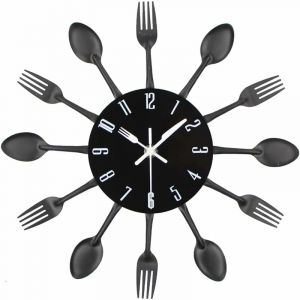 Sunxury - Horloge murale de cuisine, 3D amovible, moderne et créatif, couverts de cuisine, cuillère, fourchette, horloge murale, miroir, autocollant