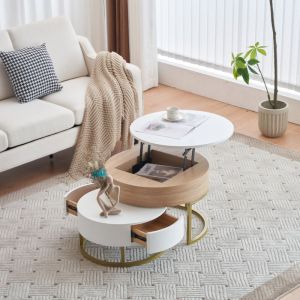 Table basse gigogne 2-en-1, 70x70x42/56,5+60x60x24cm, table d'appoint avec 2 tiroirs, blanc + couleur naturelle