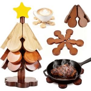 Dessous de Plat en Bois pour Noël, Dessous de Plat Pliable en Forme de Sapin, Décoration pour Fête de Noël, Tapis de Casserole, 3 sous Verres en Bois