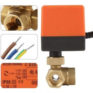 Vanne &agrave; bille motoris&eacute;e en laiton de tension AC220v, vanne &agrave; bille motoris&eacute;e &agrave; 3 voies, port G1 / 2 pour r&eacute;guler l'automatisation de b&acirc;timent de