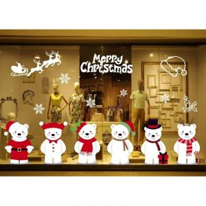 CCYKXA Sticker No&euml;l pour Fen&ecirc;tre Vitrine Vitre Morrir de Famille Boutique DIY Sticker Autocollant Mural 6 Ours Flocon De Neige