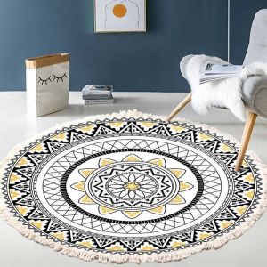 Galozzoit - Tapis rond &agrave; franges, tapis rond en coton lavable et antid&eacute;rapant, petit tapis rond tiss&eacute; pour chambre d'enfant balcon (tapis rond 60 cm)
