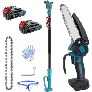 Scie &agrave; perche sans fil 2 en 1 pour l'&eacute;lagage d'arbres, mini tron&ccedil;onneuse &eacute;lectrique de 15 cm avec rallonge (2 batteries de 3,0 Ah)