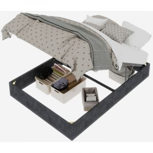 Lit coffre adulte 160x200 cm, lit double capitonn&eacute; avec sommier relevable hydraulique, sans t&ecirc;te de lit ni matelas, rev&ecirc;tement velours, gris