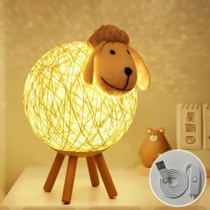 Veilleuse Veilleuse LED petit, Mouton Lampe de Chevet en Rotin, Veilleuse Enfant Projecteur, Lampe Nuit LED pour Chambre, Chambre B&eacute;b&eacute;, Salon,