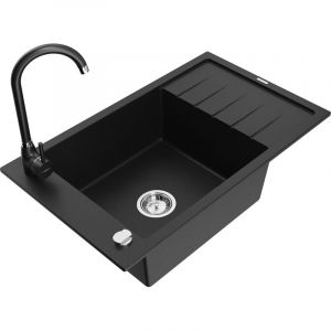 Mexen - Elias &eacute;vier en granit &agrave; 1 cuve avec &eacute;gouttoir et robinet de cuisine Telma, noir - 6511-77-670200-70