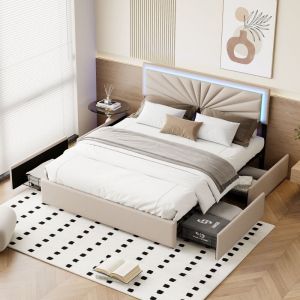 Lit avec tiroirs 140x190cm - avec 4 tiroirs et éclairage led, lit capitonné avec sommier à lattes et tête de lit, lit adulte style moderne - Beige