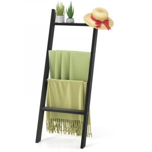 Échelle Porte Serviette Inclinée à 4 Niveaux, Étagère Salle de Bain en Bois de Pin, 50 x 7,5 x 136,5 cm, Noir