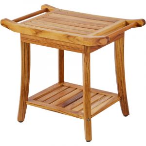 Banc de douche en teck 22 x 14,4 x 18,5 po, résistant à l'eau, étagère de rangement et poignée, antidérapant, capacité de 300 lb, pour salle de bain,