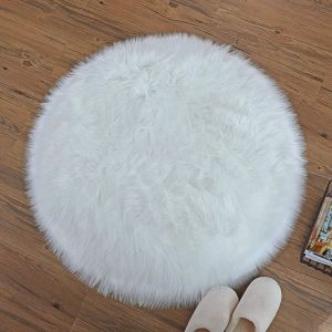 Lling - Tapis rond de 90 de diam&egrave;tre, tapis en fausse fourrure, tapis en laine v&eacute;ritable, tapis en laine artificielle pour canap&eacute; (blanc)