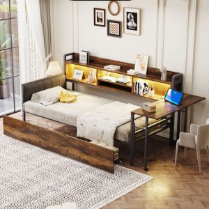 Canap&eacute;-lit 1 place fer forg&eacute; 90x200 cm coloris bois - Bureau rabattable, grands tiroirs, rangements, &eacute;clairage LED et prises (sans Matelas)