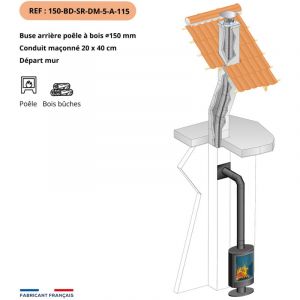 Kit tubage et raccordement poele a bois, buse diam. 150mm sortie dessus-Flexible l. 5m pour boisseau rectangulaire, depart mur-Raccordement coude, l.