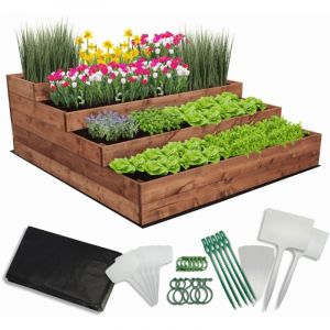 MODO24 Carr&eacute; potager sur&eacute;lev&eacute; en bois, 4 niveaux en cascade, 45x117x120 cm, jardin/terrasse, kit jardinier inclus, brun impr&eacute;gn&eacute;